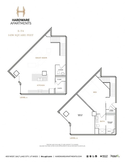Floor plan for 1 bed, 1.5 baths, 1409 sqft